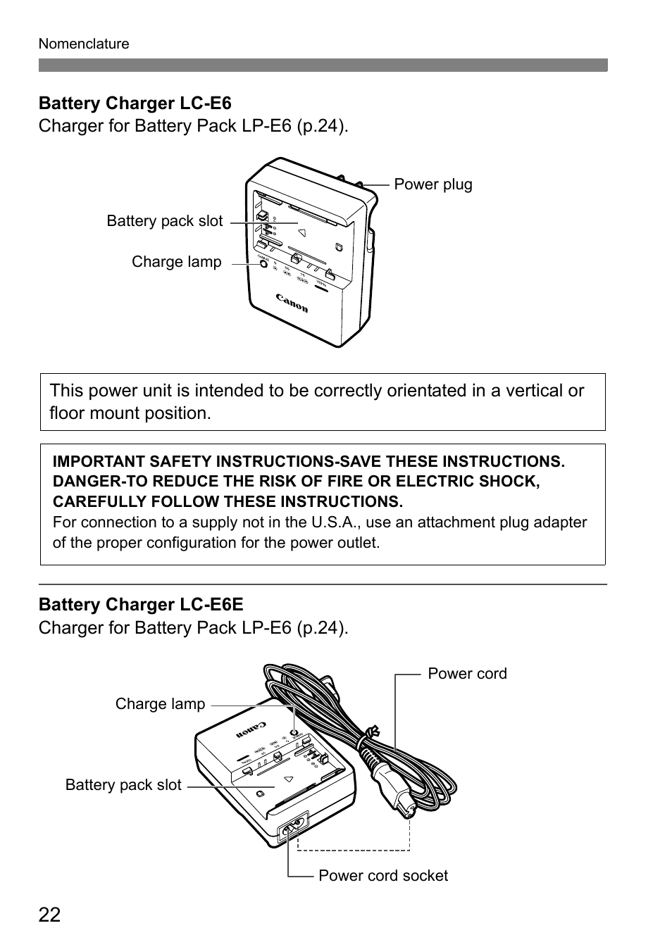 Battery charger lc-e6, Battery charger lc-e6e | Canon EOS 60D User Manual | Page 22 / 320