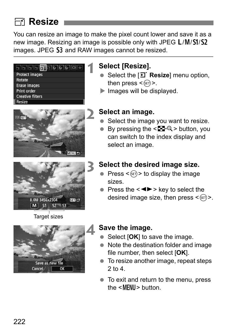 Resize, Sresize | Canon EOS 60D User Manual | Page 222 / 320