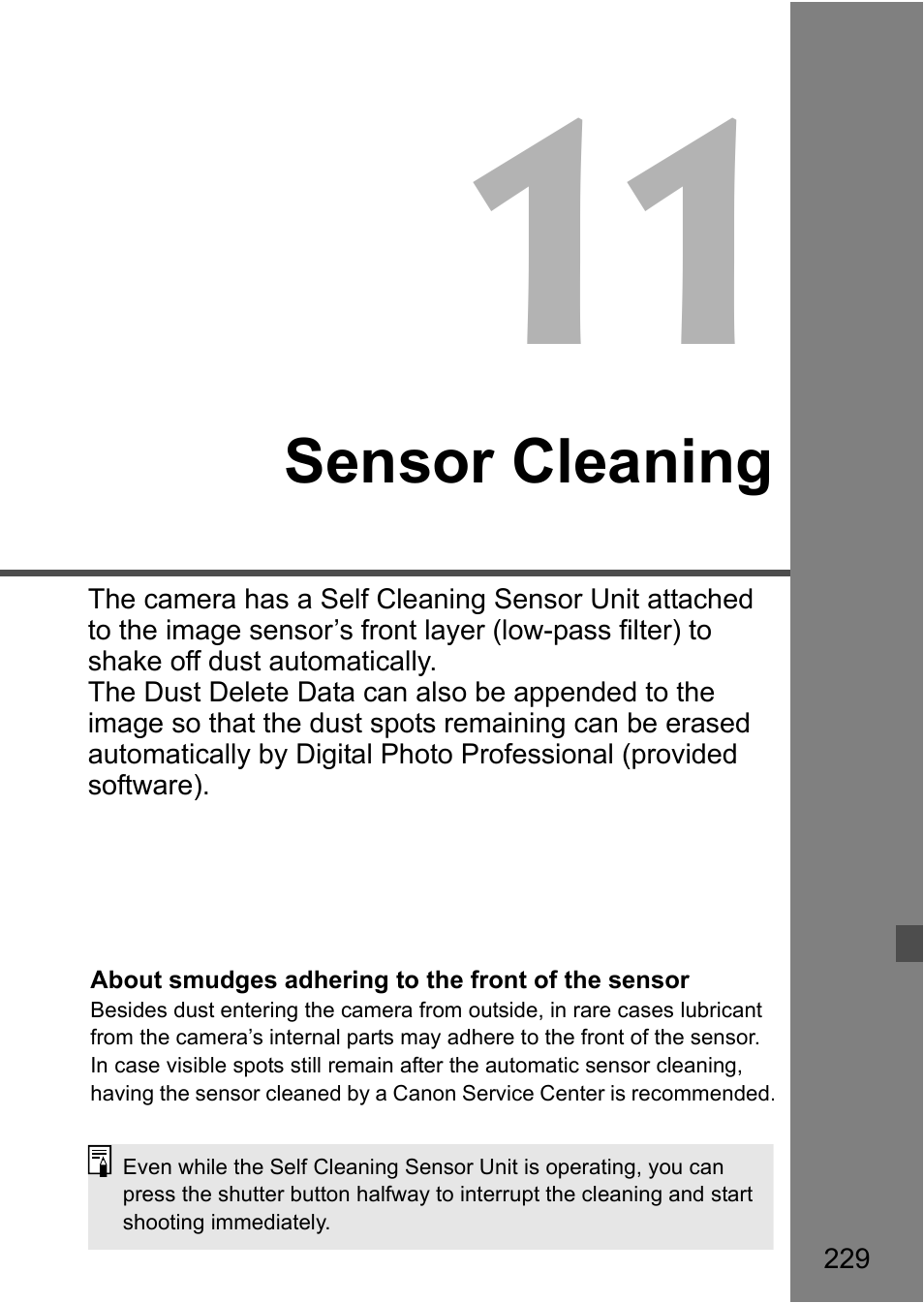 11 sensor cleaning, Sensor cleaning | Canon EOS 60D User Manual | Page 229 / 320