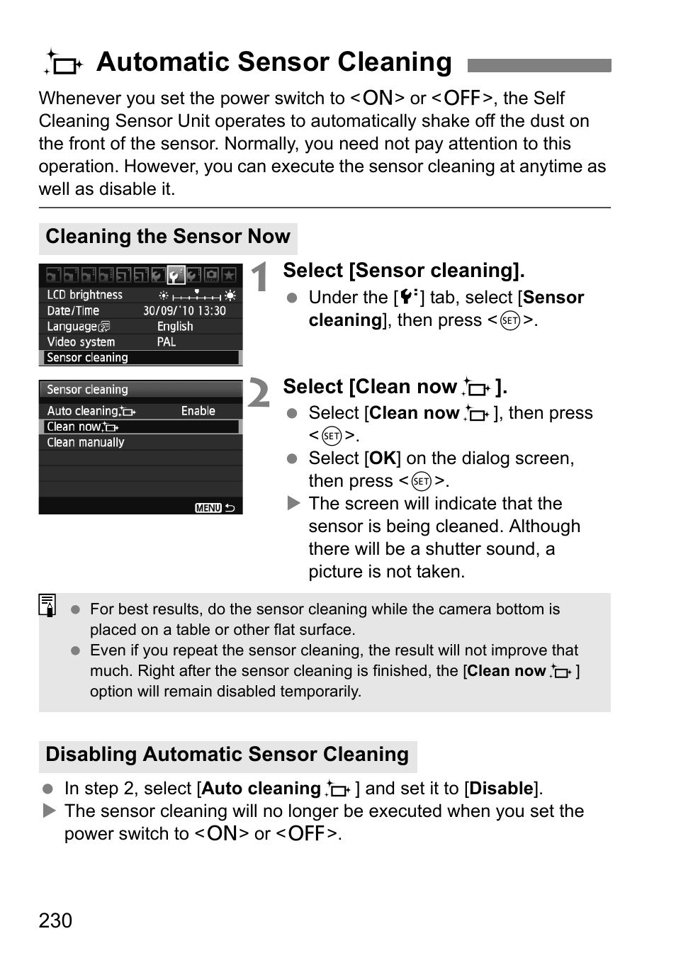 Automatic sensor cleaning, F automatic sensor cleaning | Canon EOS 60D User Manual | Page 230 / 320