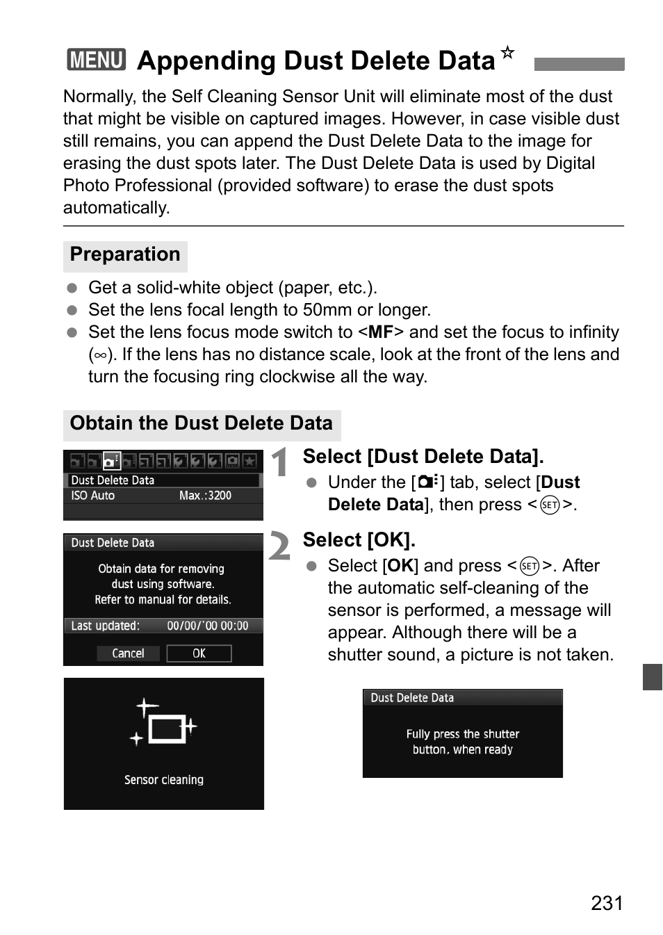 Appending dust delete data, 3appending dust delete data n | Canon EOS 60D User Manual | Page 231 / 320