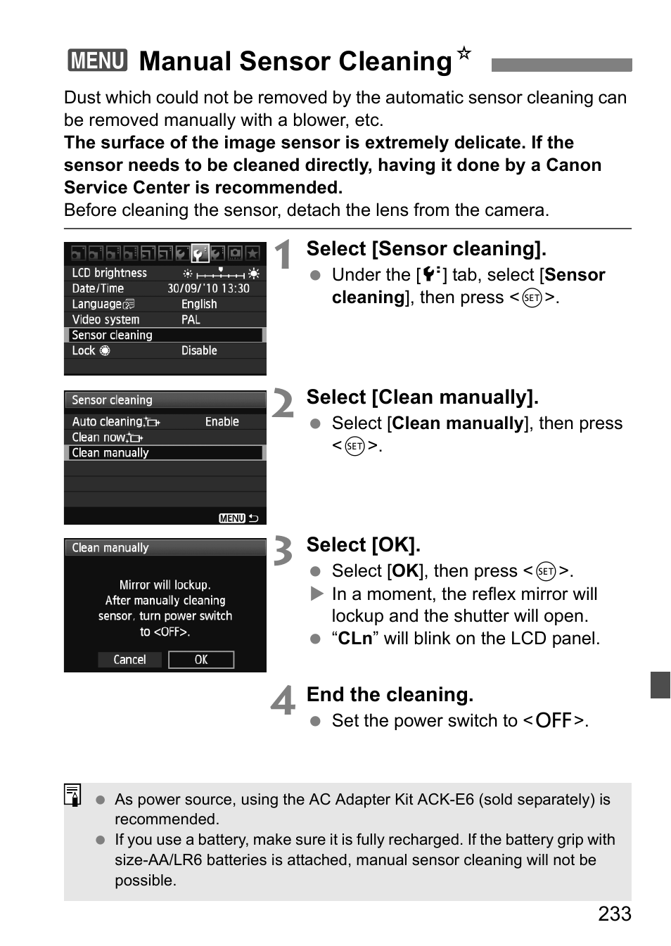Manual sensor cleaning, 3manual sensor cleaning n | Canon EOS 60D User Manual | Page 233 / 320