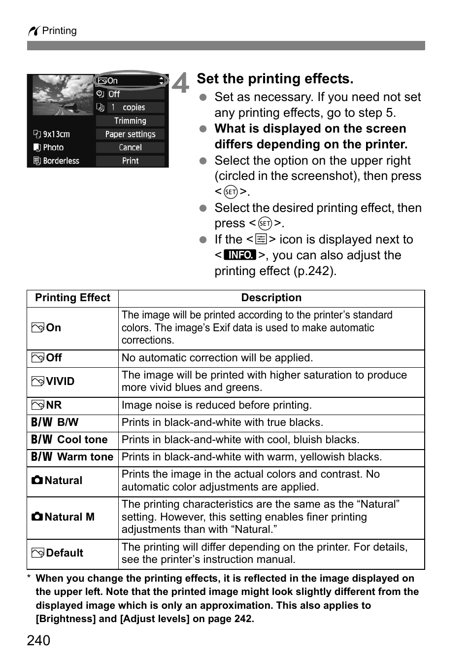 Set the printing effects | Canon EOS 60D User Manual | Page 240 / 320