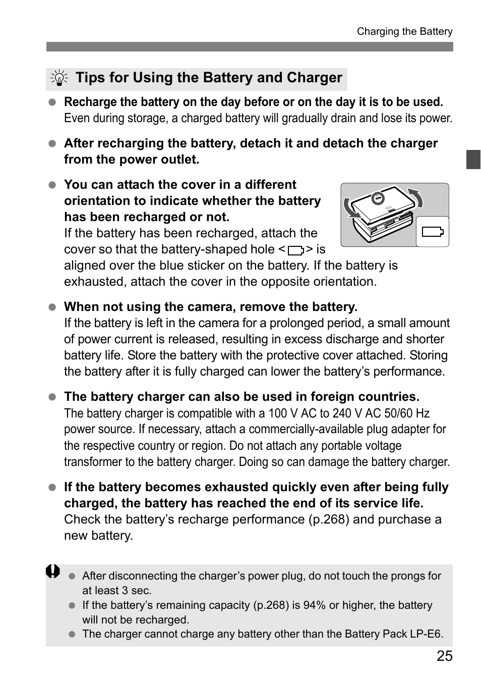 Tips for using the battery and charger | Canon EOS 60D User Manual | Page 25 / 320