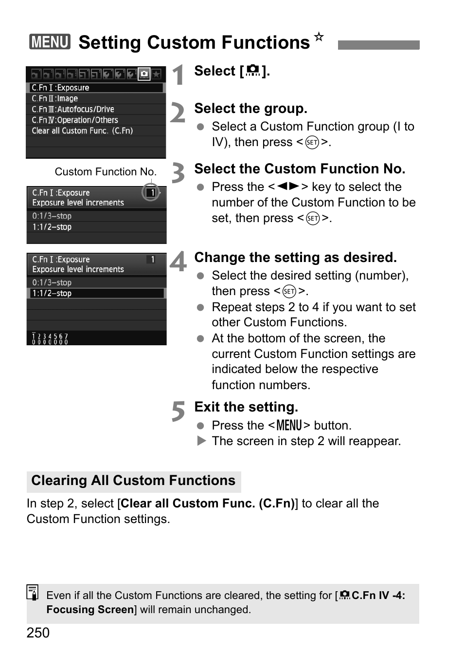 Setting custom functions, 3setting custom functions n | Canon EOS 60D User Manual | Page 250 / 320