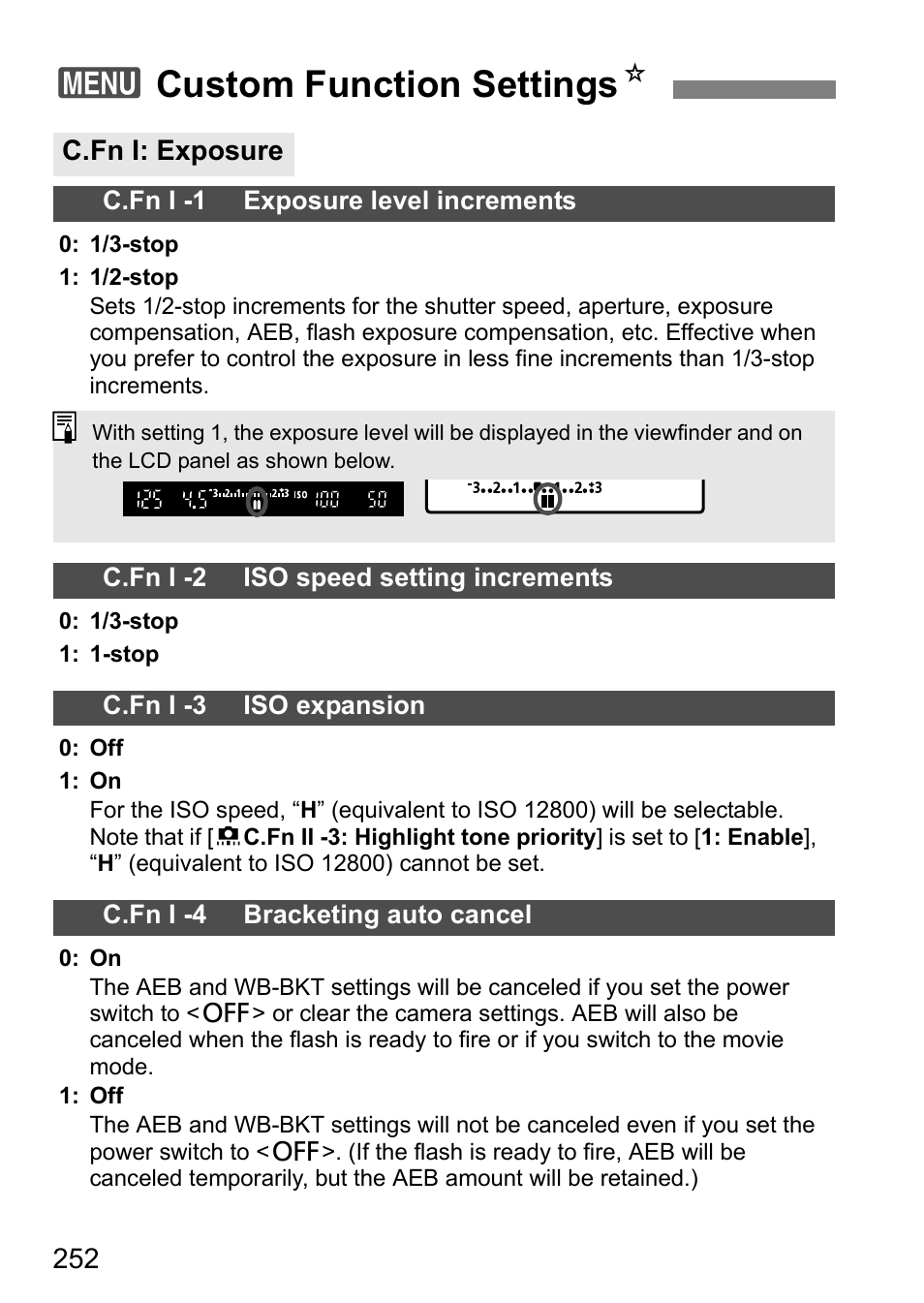 Custom function settings, C.fn i: exposure, 3custom function settings n | Canon EOS 60D User Manual | Page 252 / 320