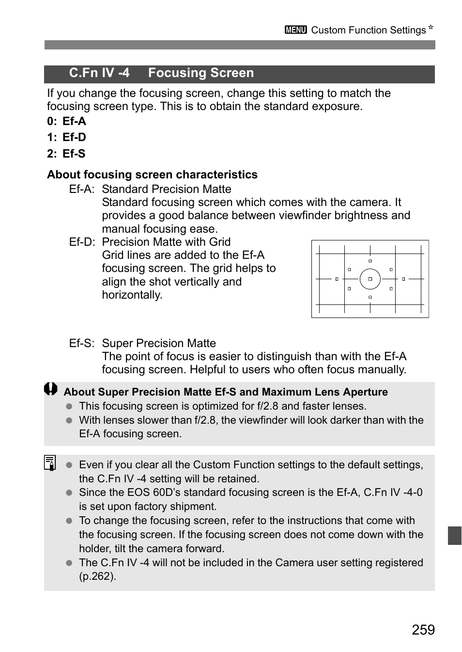 C.fn iv -4 focusing screen | Canon EOS 60D User Manual | Page 259 / 320