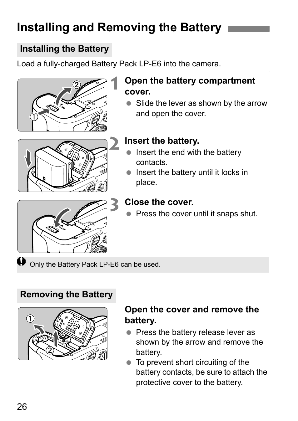 Installing and removing the battery | Canon EOS 60D User Manual | Page 26 / 320