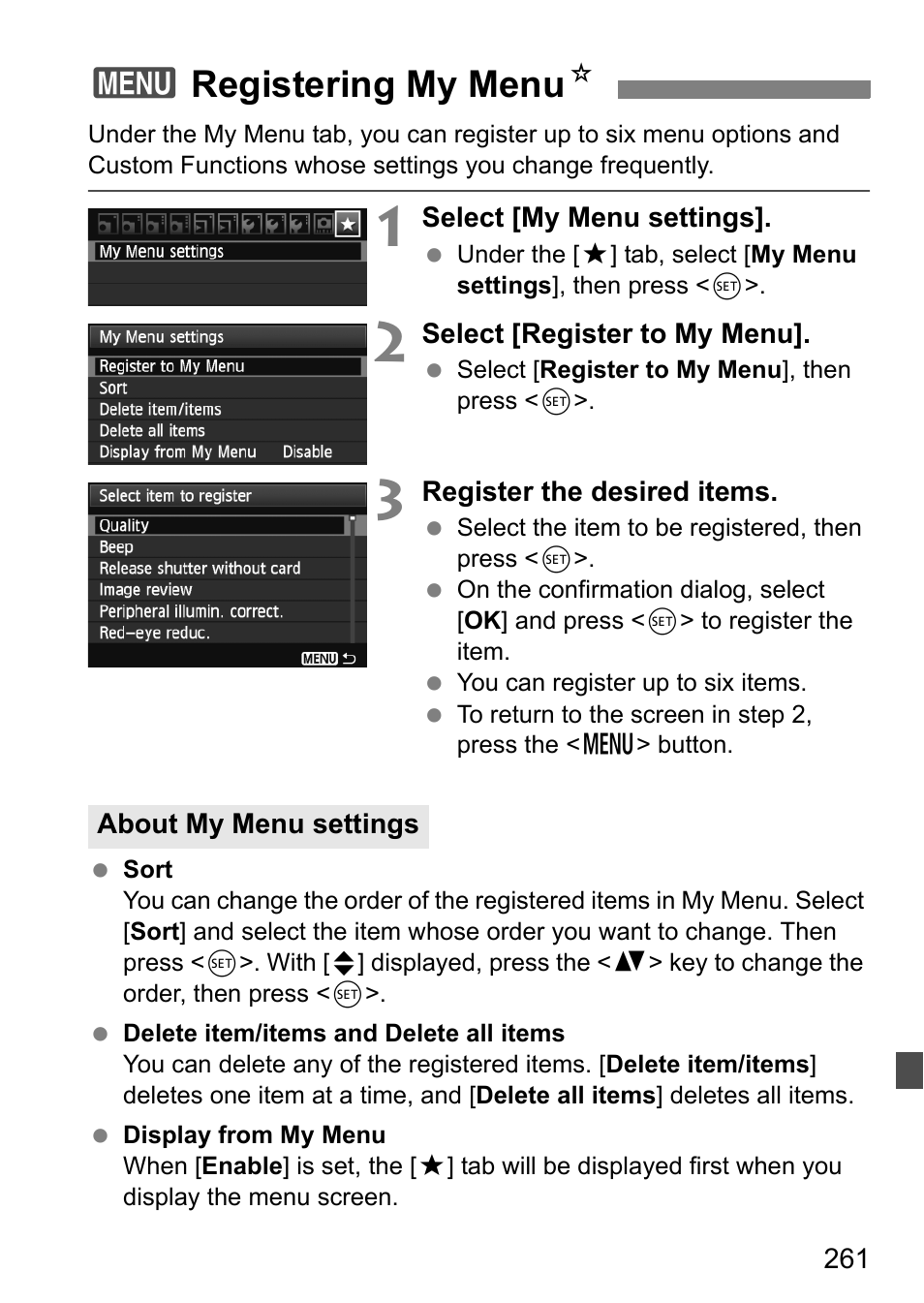 Registering my menu, 3registering my menu n | Canon EOS 60D User Manual | Page 261 / 320