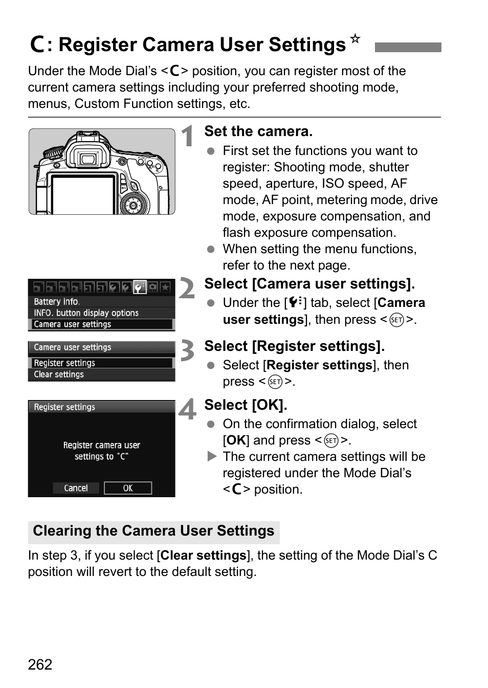 Register camera user settings, W : register camera user settings n | Canon EOS 60D User Manual | Page 262 / 320