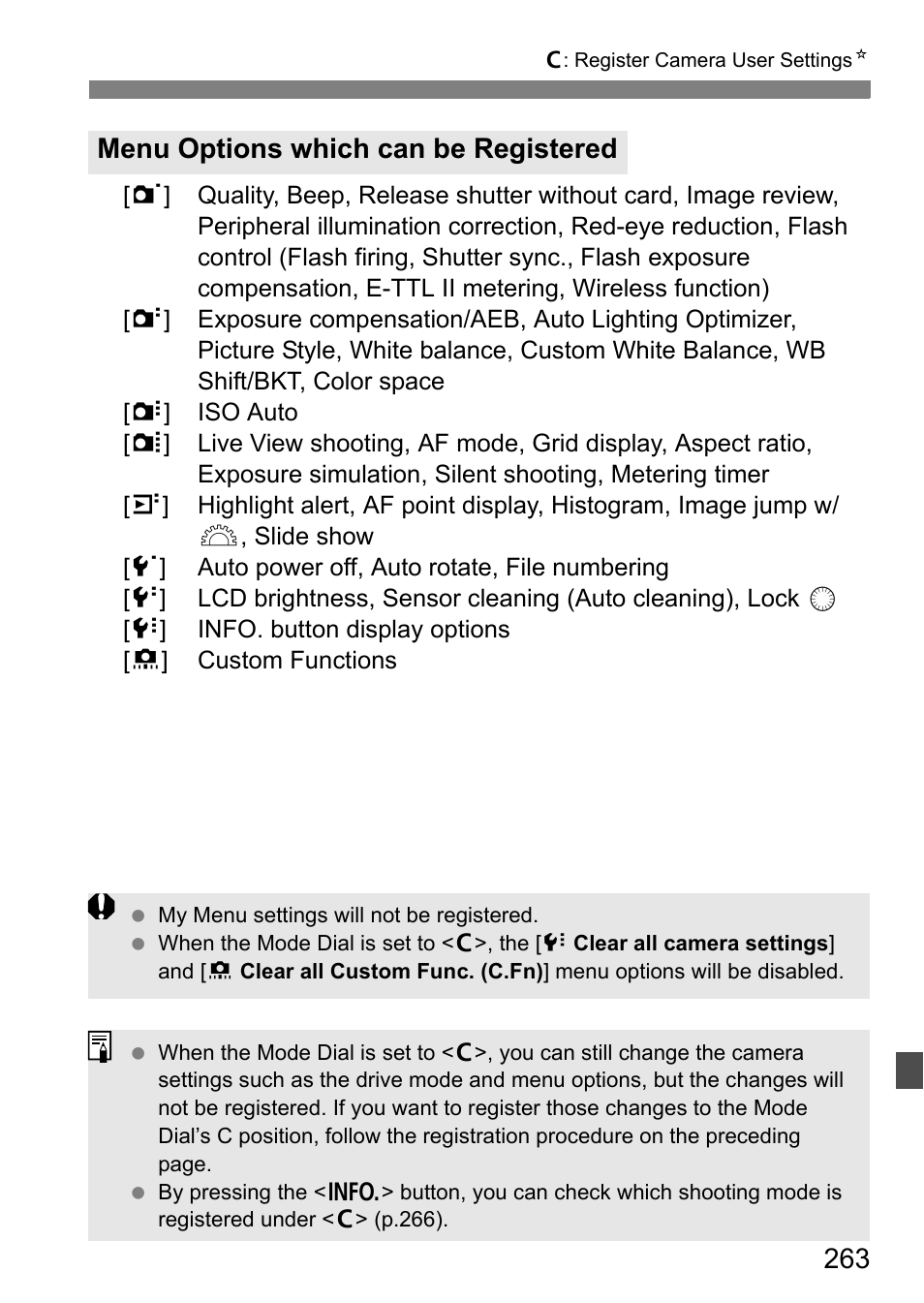 Menu options which can be registered | Canon EOS 60D User Manual | Page 263 / 320