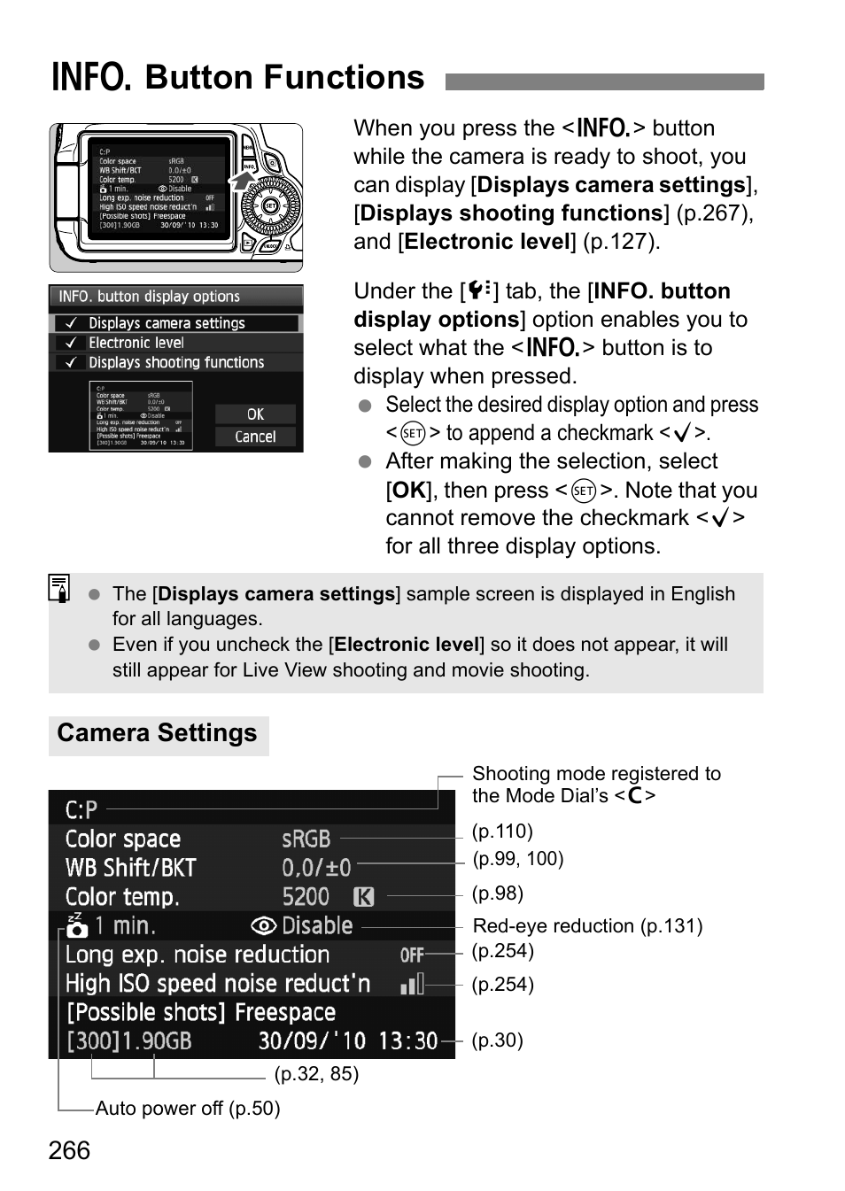 Button functions, B button functions, Camera settings | Canon EOS 60D User Manual | Page 266 / 320