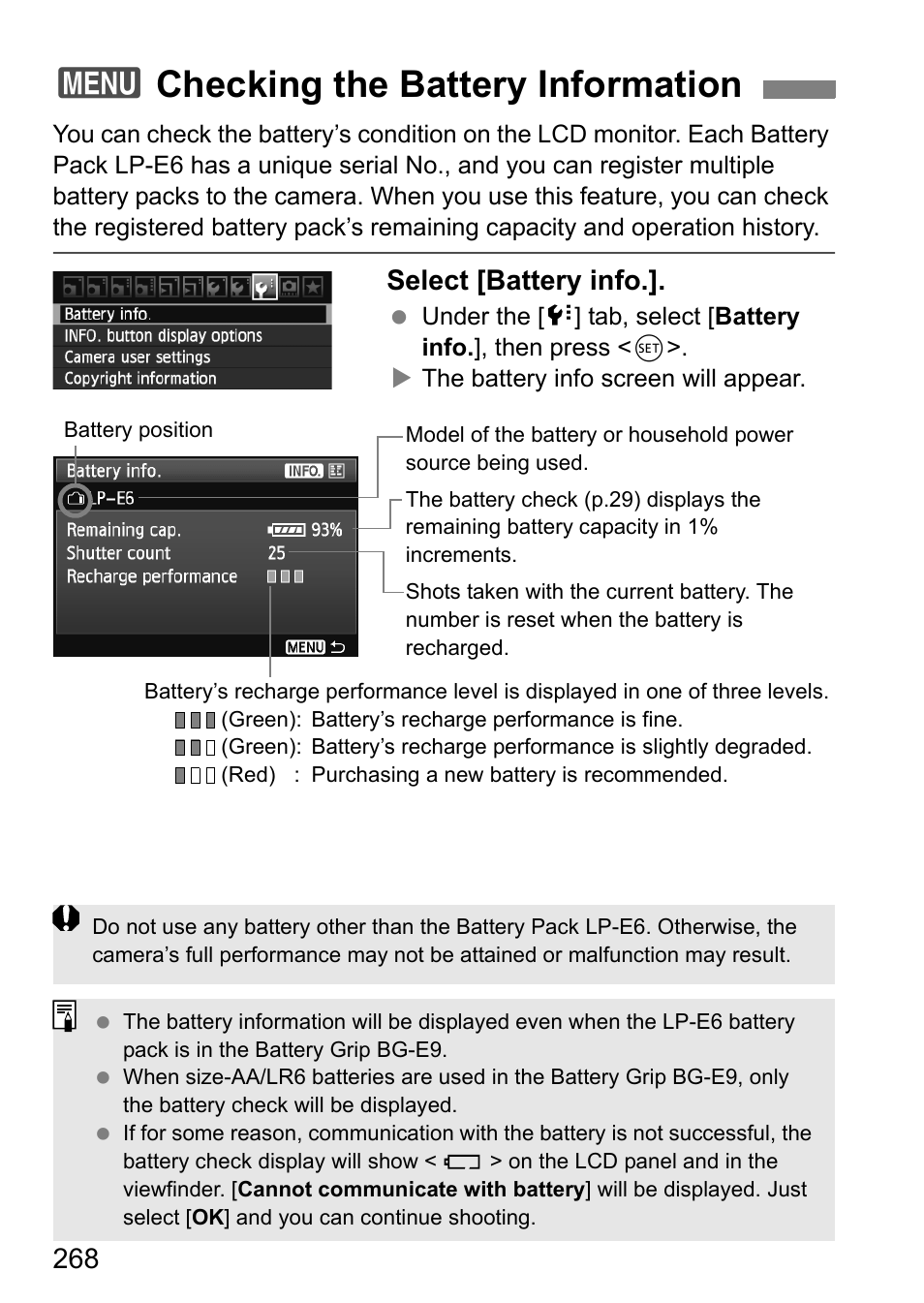 Checking the battery information, 3checking the battery information, Select [battery info | Canon EOS 60D User Manual | Page 268 / 320