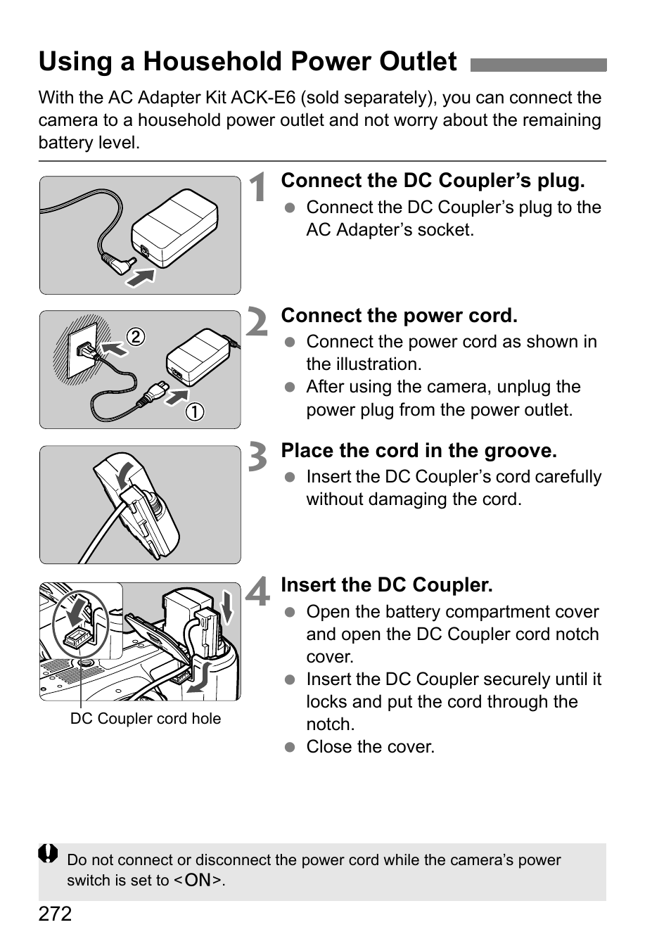 Using a household power outlet | Canon EOS 60D User Manual | Page 272 / 320