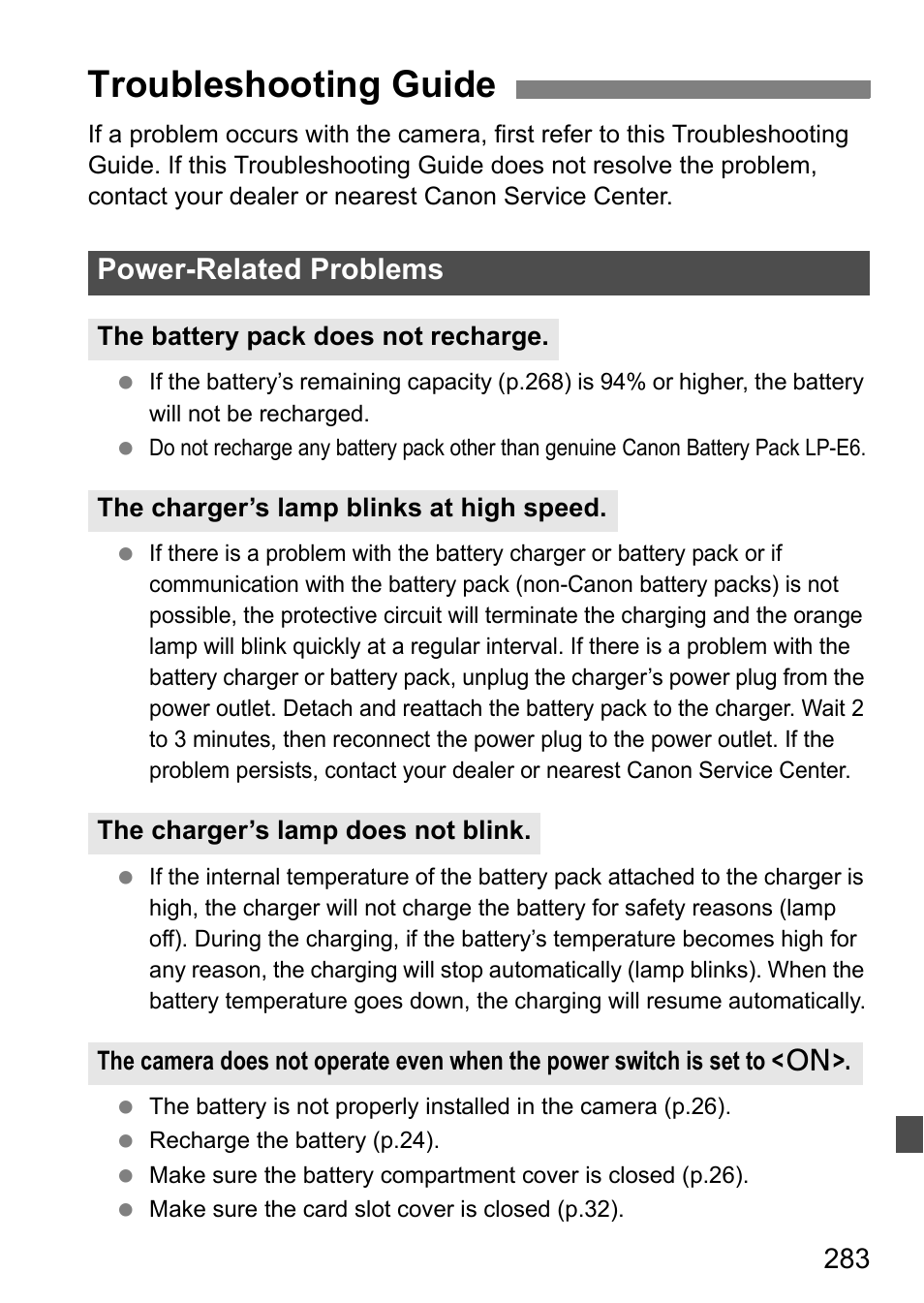 Troubleshooting guide, Power-related problems | Canon EOS 60D User Manual | Page 283 / 320