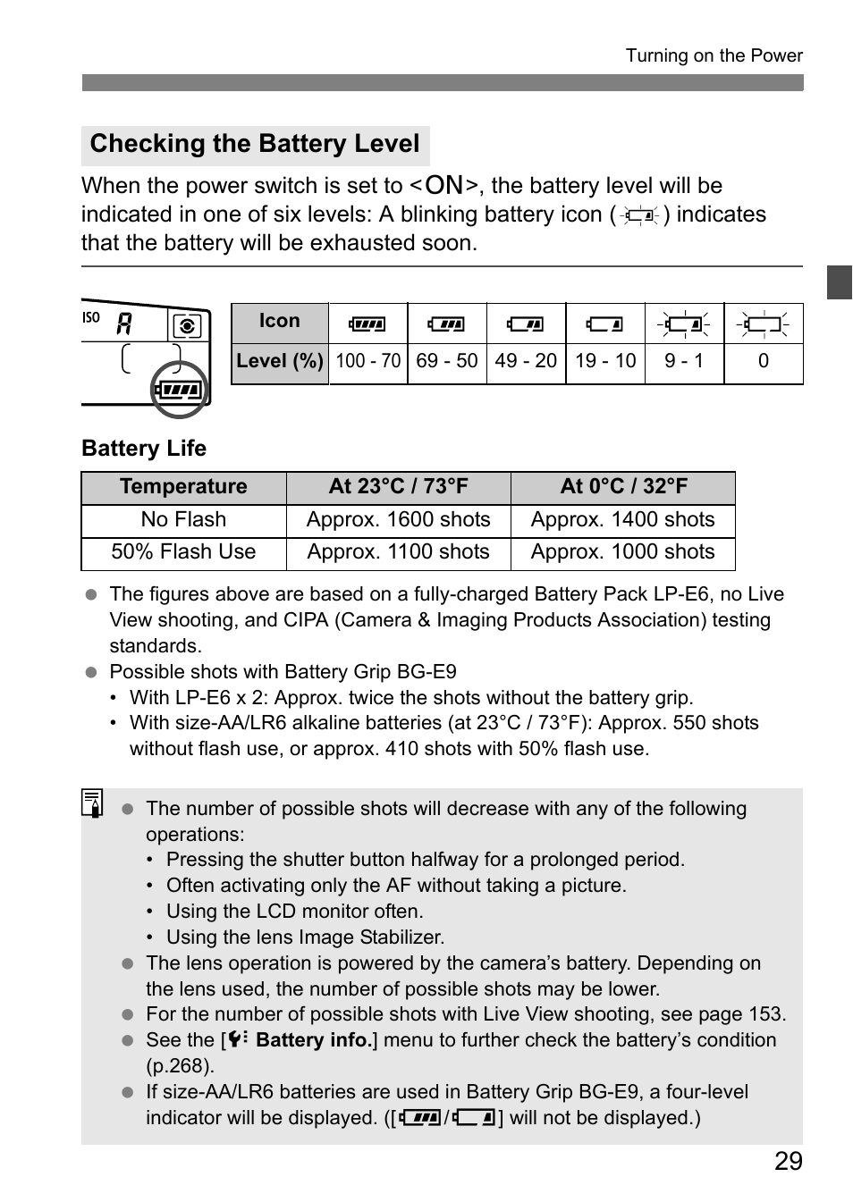 Checking the battery level | Canon EOS 60D User Manual | Page 29 / 320