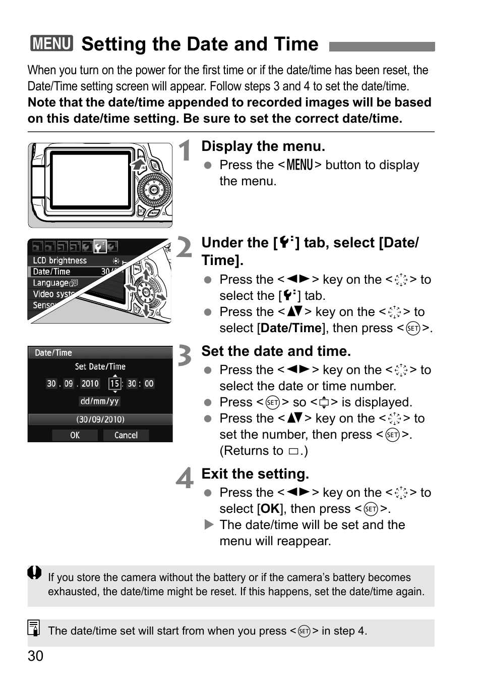 Setting the date and time, 3setting the date and time | Canon EOS 60D User Manual | Page 30 / 320