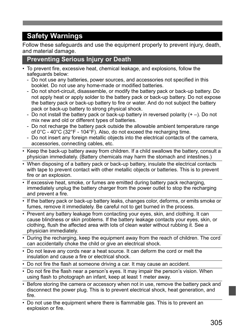 Safety warnings, 305 safety warnings, Preventing serious injury or death | Canon EOS 60D User Manual | Page 305 / 320