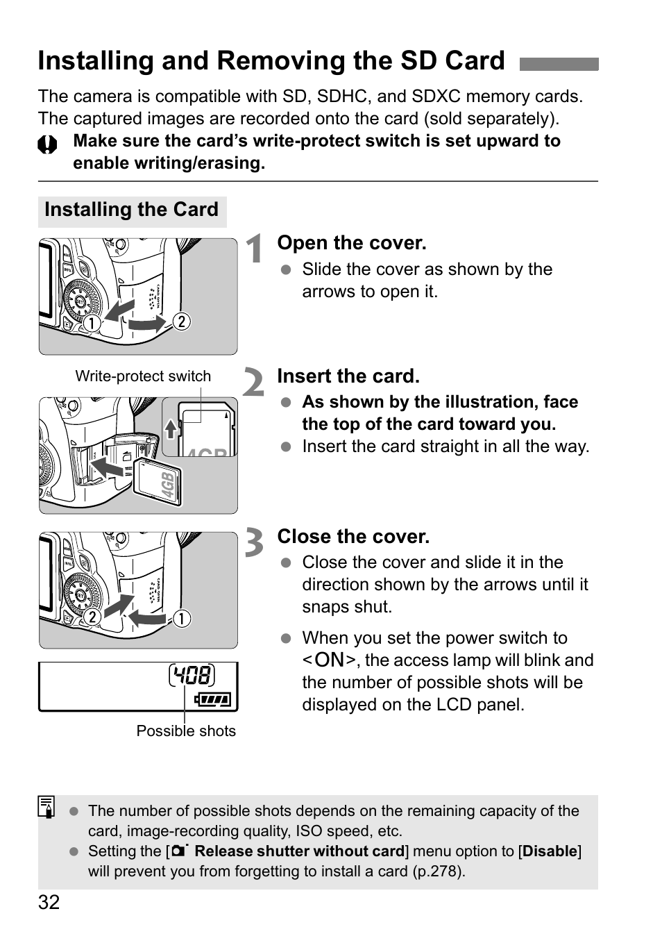 Installing and removing the sd card | Canon EOS 60D User Manual | Page 32 / 320