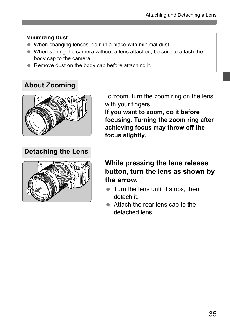 About zooming, Detaching the lens | Canon EOS 60D User Manual | Page 35 / 320