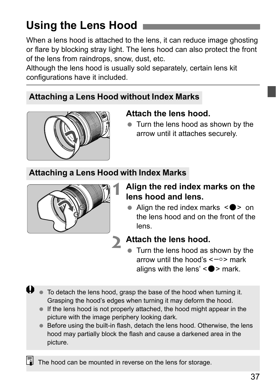 Using the lens hood | Canon EOS 60D User Manual | Page 37 / 320