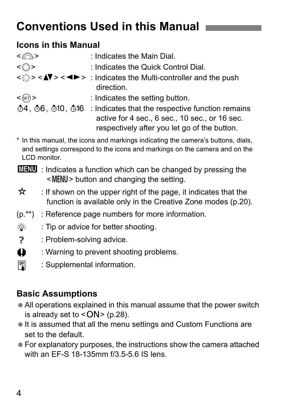 Conventions used in this manual, Icons in this manual, Basic assumptions | Canon EOS 60D User Manual | Page 4 / 320