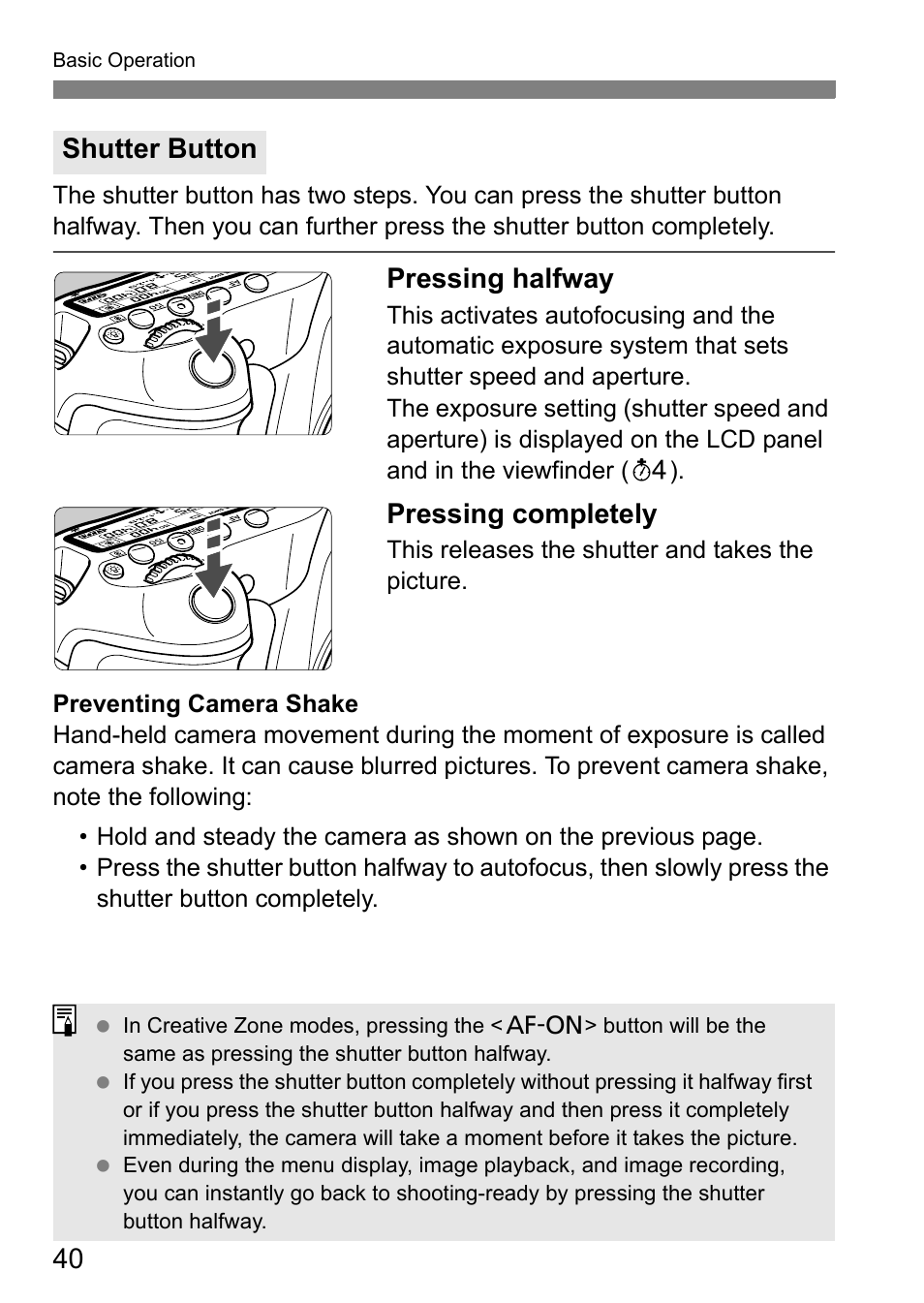 Pressing halfway, Pressing completely, Shutter button | Canon EOS 60D User Manual | Page 40 / 320
