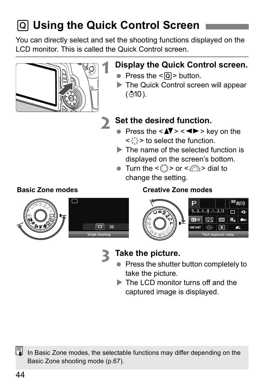 Using the quick control screen, Q using the quick control screen | Canon EOS 60D User Manual | Page 44 / 320