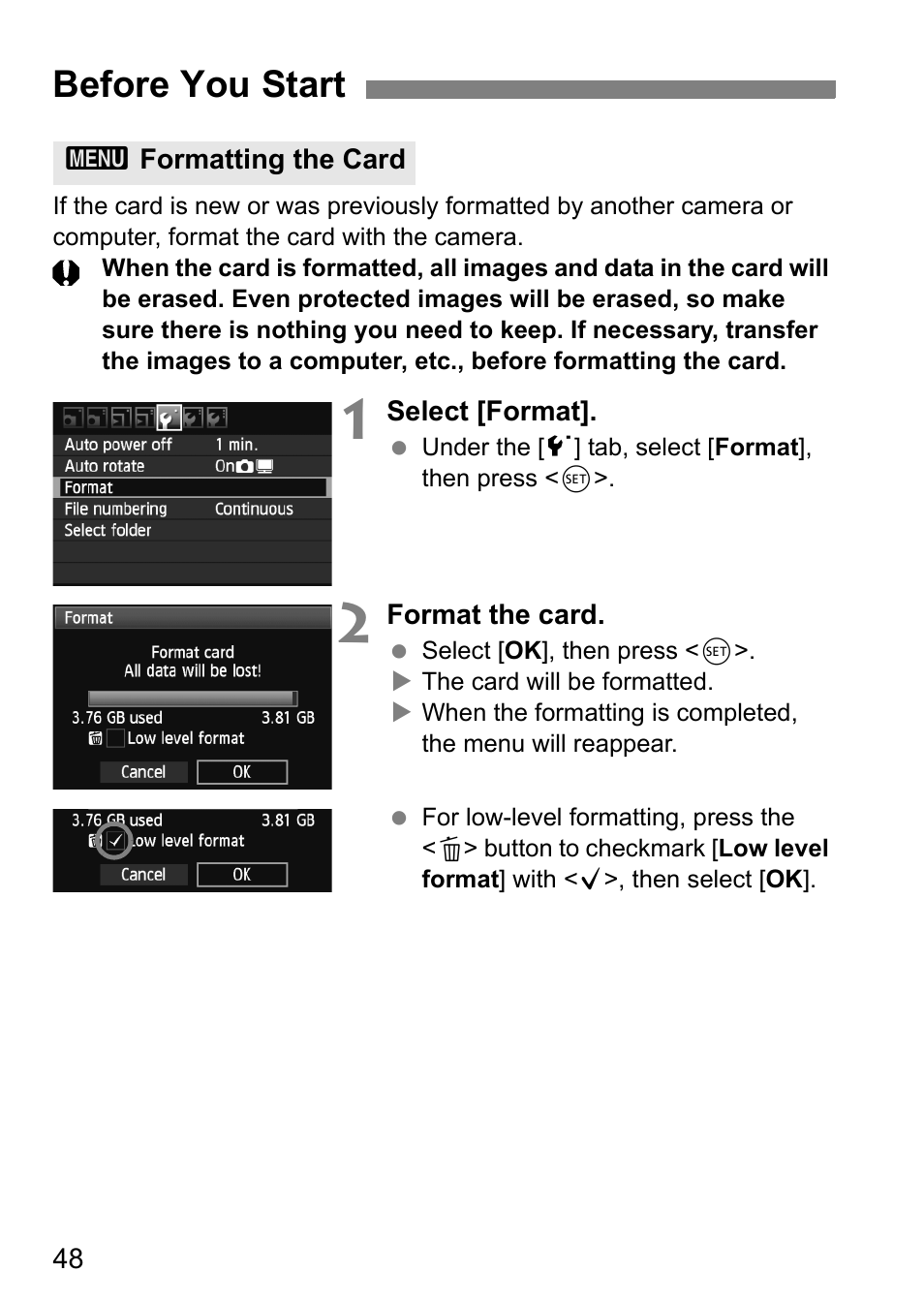 Before you start, Formatting the card | Canon EOS 60D User Manual | Page 48 / 320