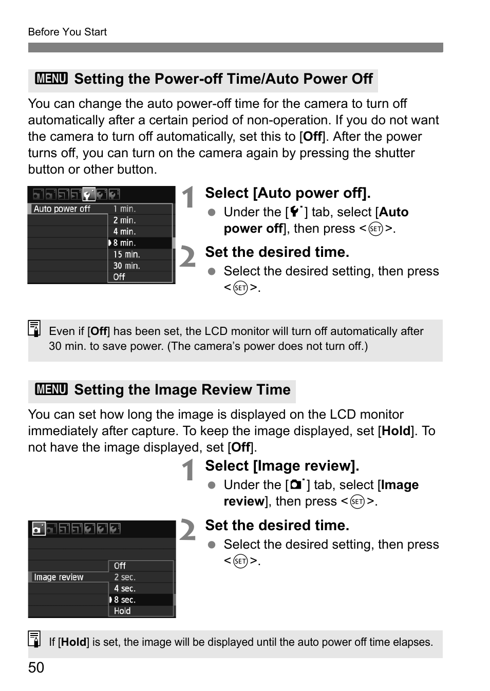 Setting the power-off time/auto power off, Setting the image review time | Canon EOS 60D User Manual | Page 50 / 320