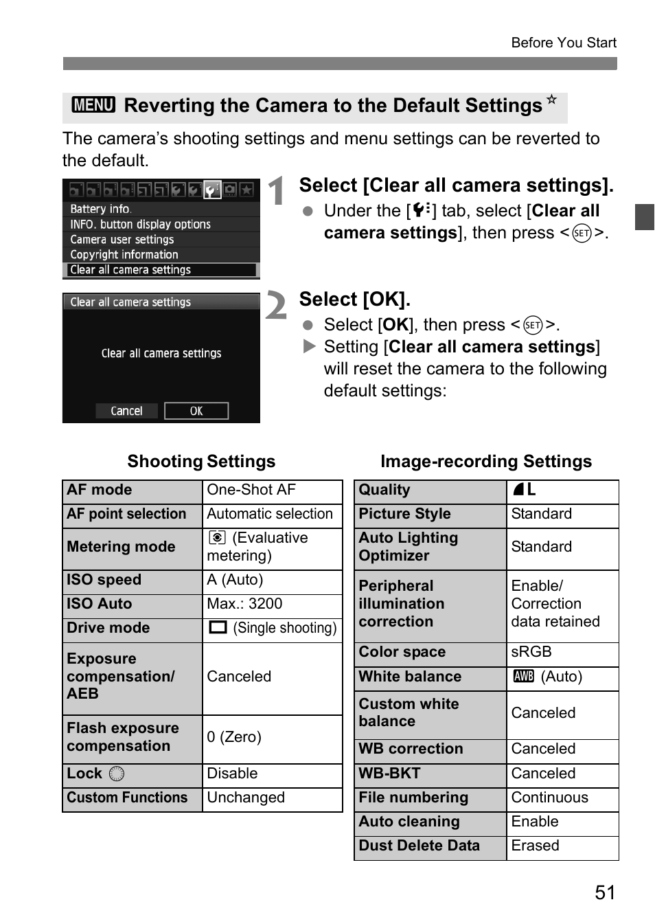 Reverting the camera to the default settings, Select [clear all camera settings, Select [ok | 3reverting the camera to the default settings n | Canon EOS 60D User Manual | Page 51 / 320