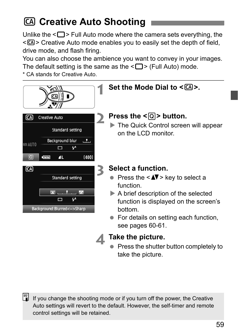 Creative auto shooting, C creative auto shooting | Canon EOS 60D User Manual | Page 59 / 320