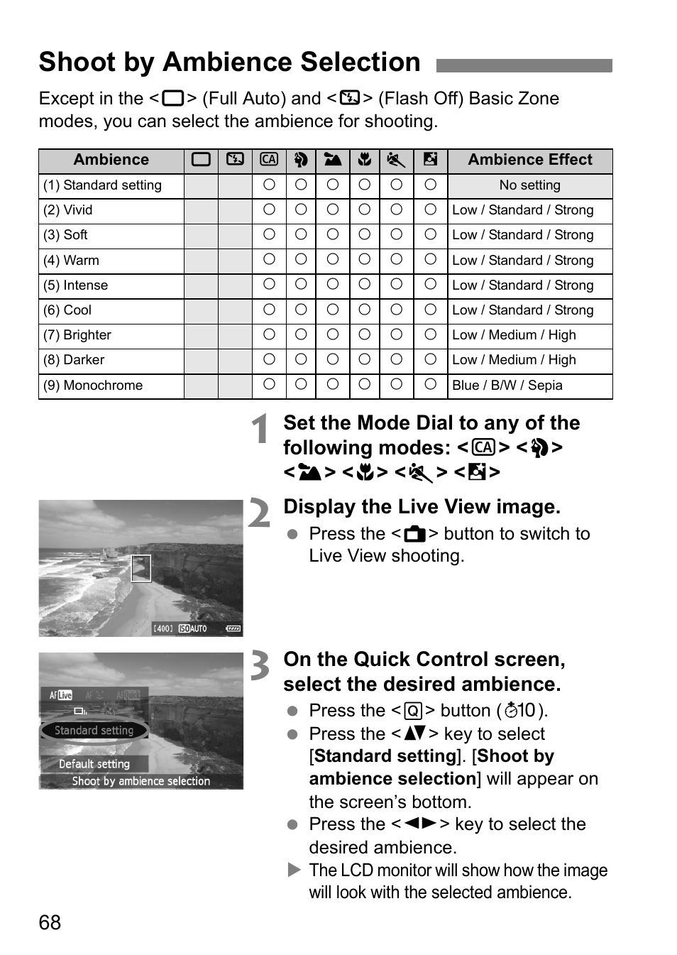 Shoot by ambience selection, Display the live view image | Canon EOS 60D User Manual | Page 68 / 320
