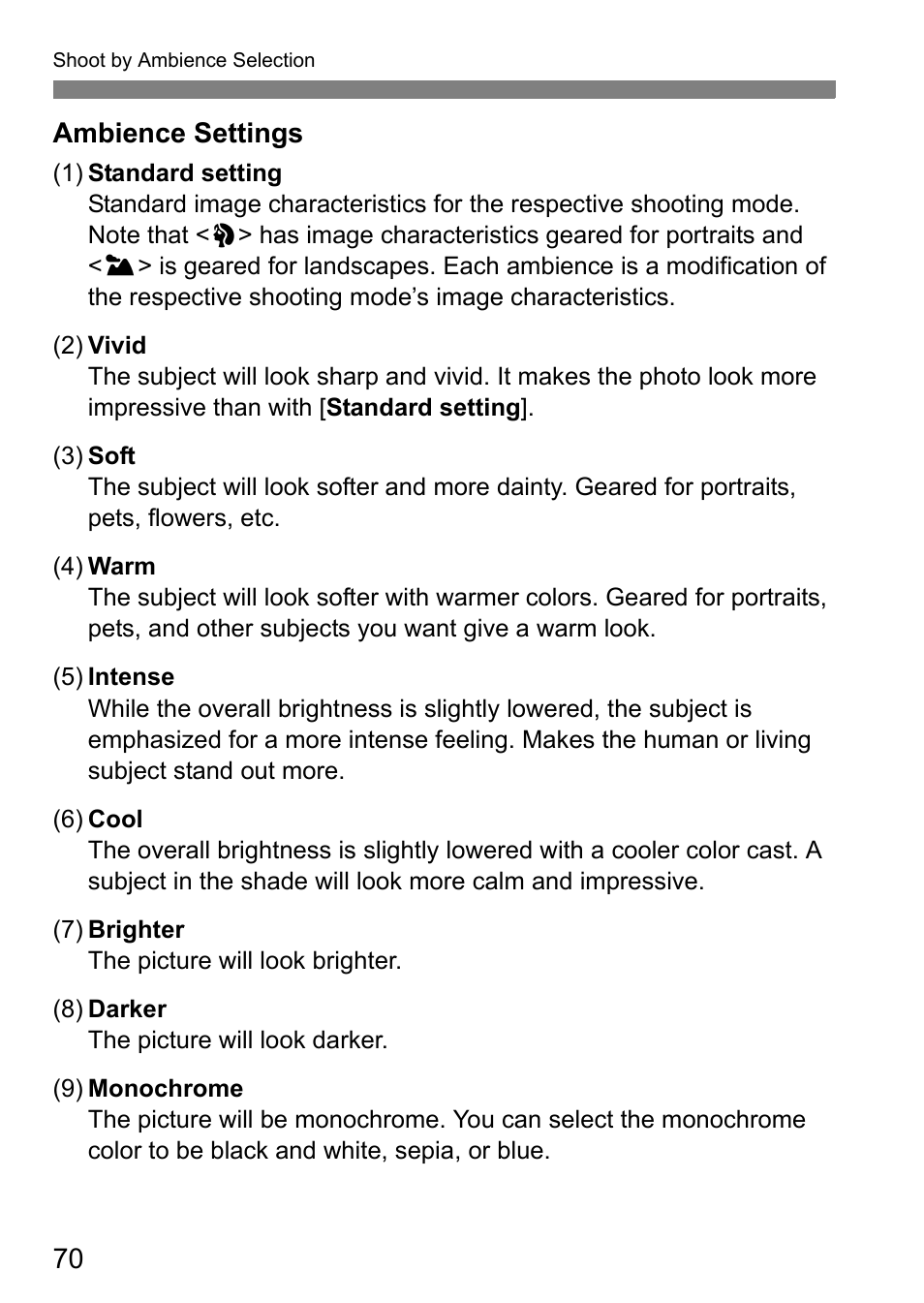 70 ambience settings | Canon EOS 60D User Manual | Page 70 / 320