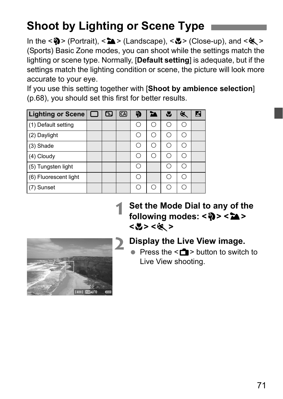 Shoot by lighting or scene type, Display the live view image | Canon EOS 60D User Manual | Page 71 / 320