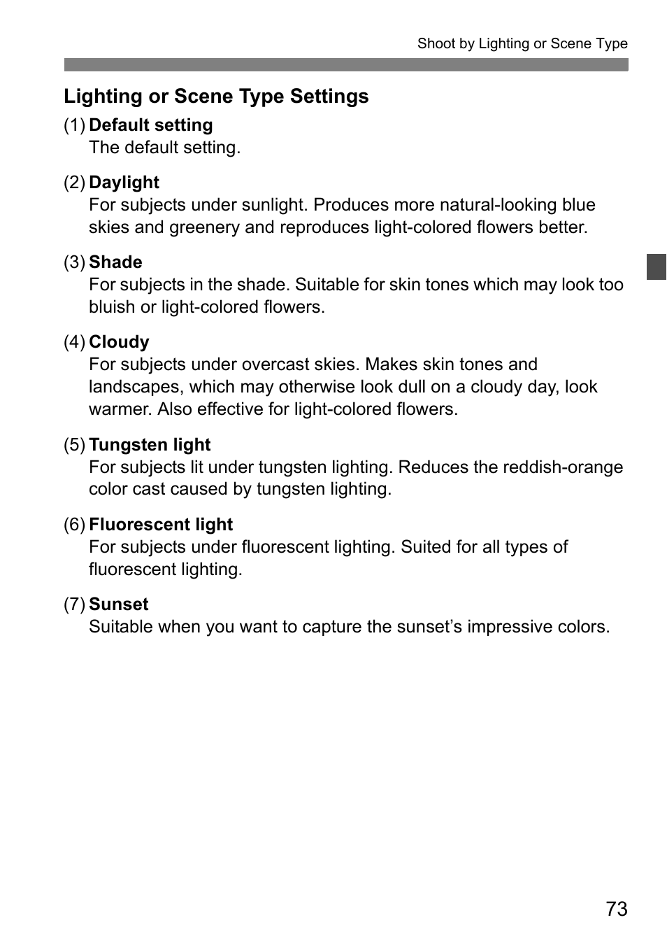 Lighting or scene type settings | Canon EOS 60D User Manual | Page 73 / 320