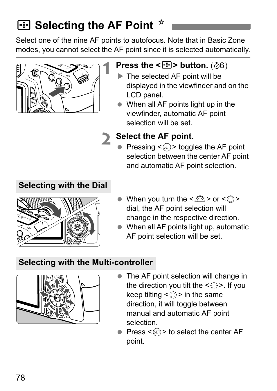 Selecting the af point, Sselecting the af point n | Canon EOS 60D User Manual | Page 78 / 320