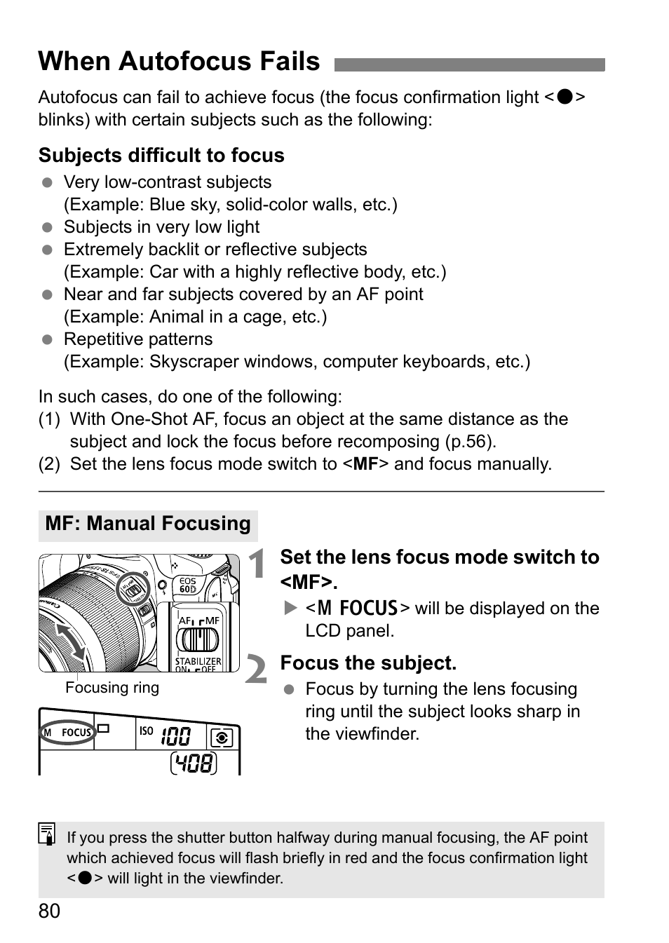 When autofocus fails, Mf: manual focusing | Canon EOS 60D User Manual | Page 80 / 320