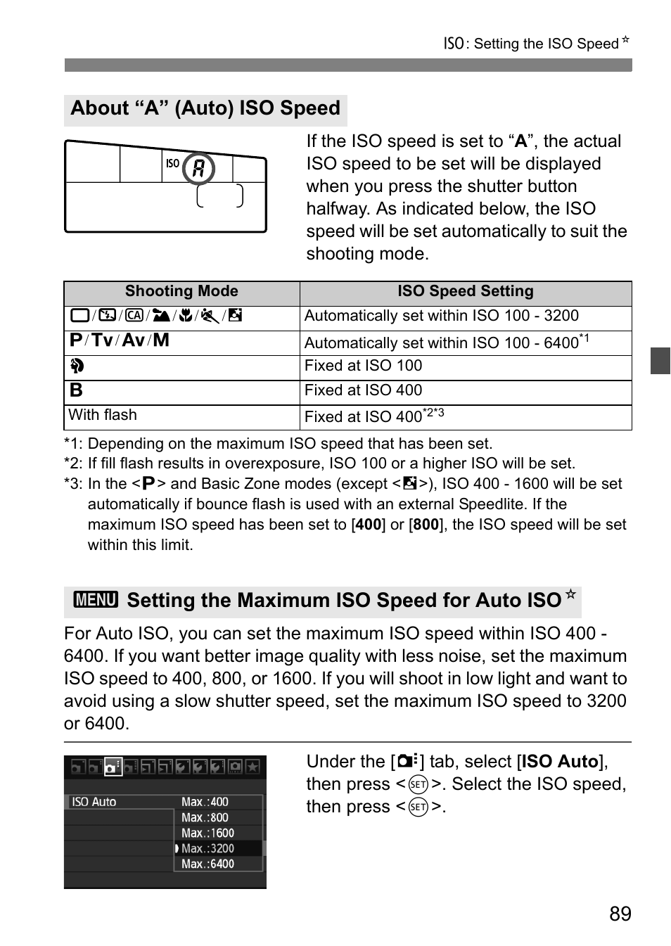 About “a” (auto) iso speed, 3setting the maximum iso speed for auto iso n | Canon EOS 60D User Manual | Page 89 / 320