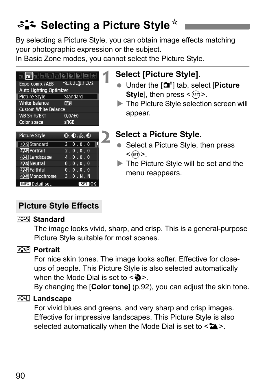 Selecting a picture style, A selecting a picture style n | Canon EOS 60D User Manual | Page 90 / 320