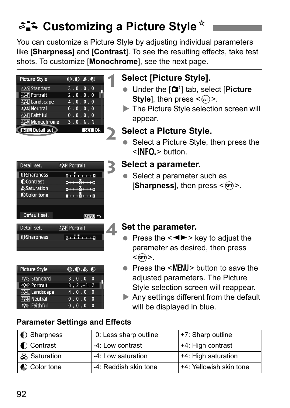 Customizing a picture style, A customizing a picture style n | Canon EOS 60D User Manual | Page 92 / 320
