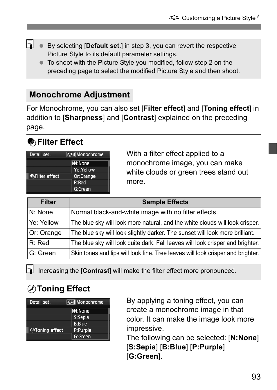 K filter effect, L toning effect, Monochrome adjustment | Canon EOS 60D User Manual | Page 93 / 320