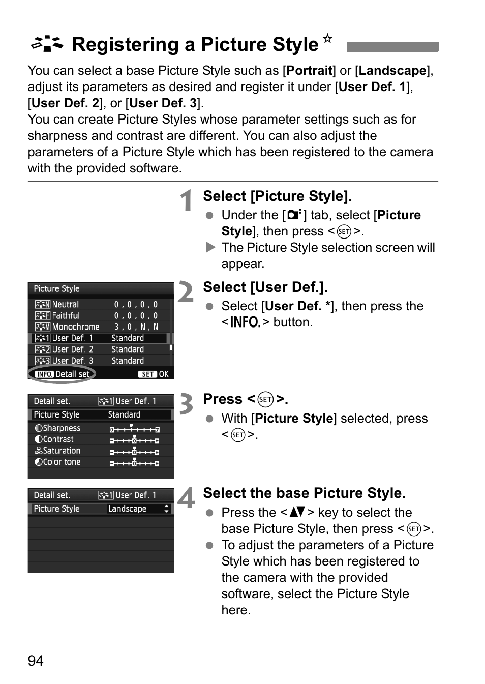 Registering a picture style, A registering a picture style n | Canon EOS 60D User Manual | Page 94 / 320