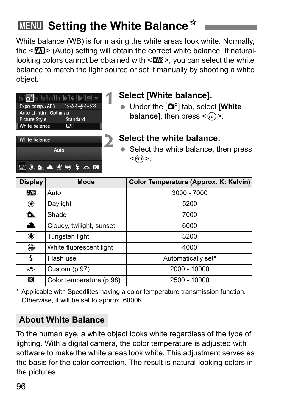 Setting the white balance, 3setting the white balance n, Select [white balance | Select the white balance, About white balance | Canon EOS 60D User Manual | Page 96 / 320