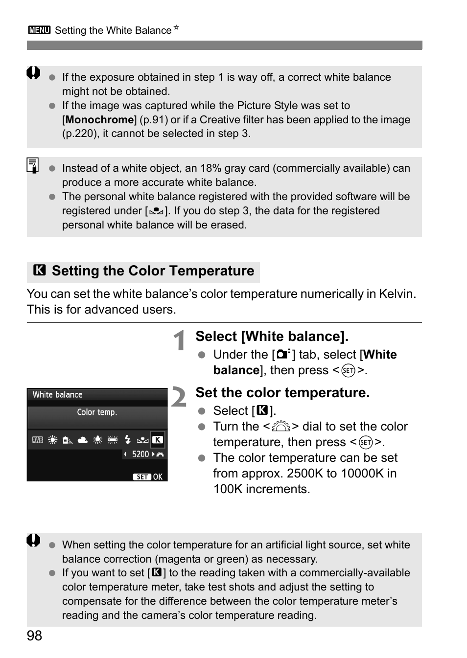 Setting the color temperature | Canon EOS 60D User Manual | Page 98 / 320