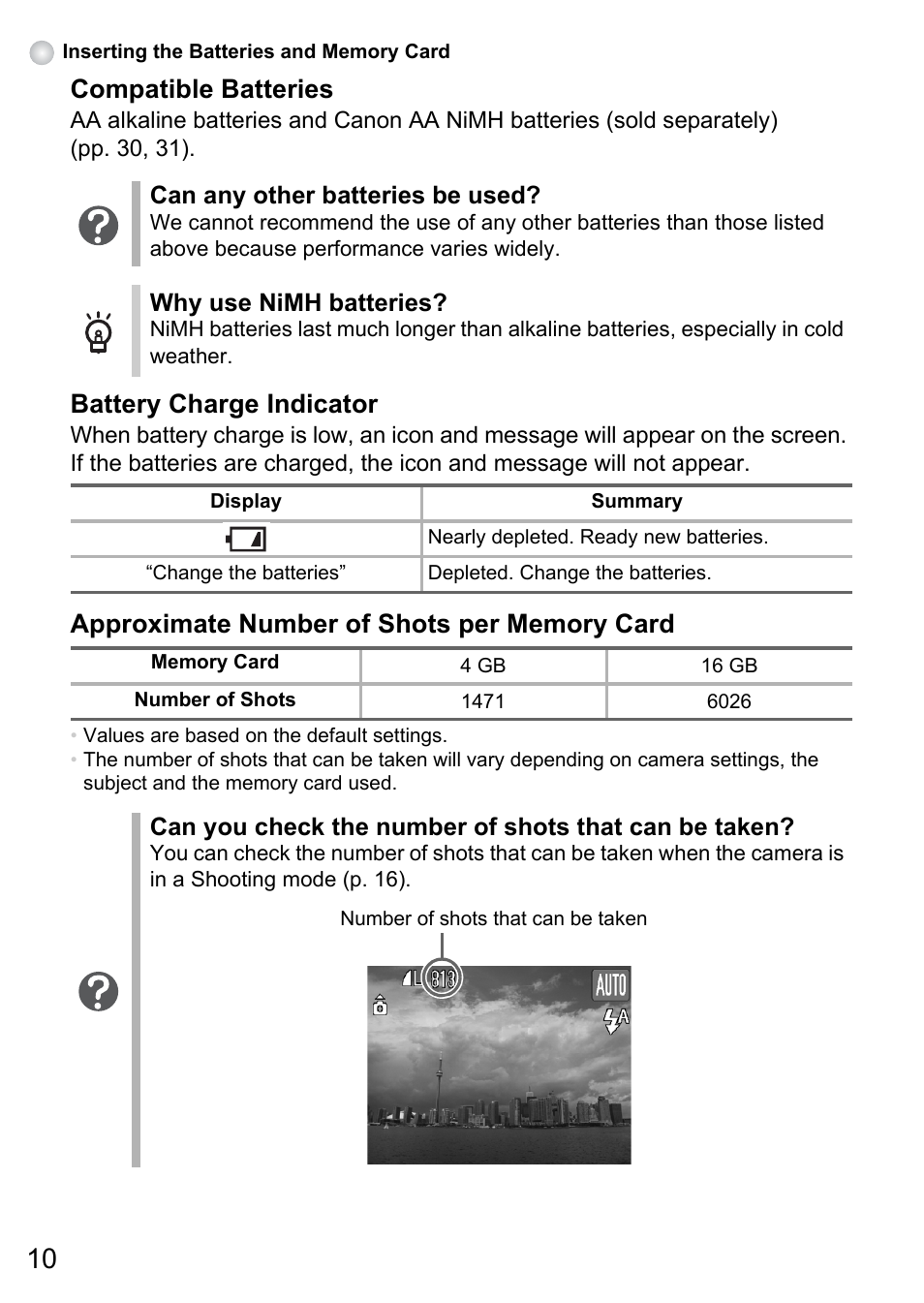 Compatible batteries, Battery charge indicator | Canon A495 User Manual | Page 10 / 36