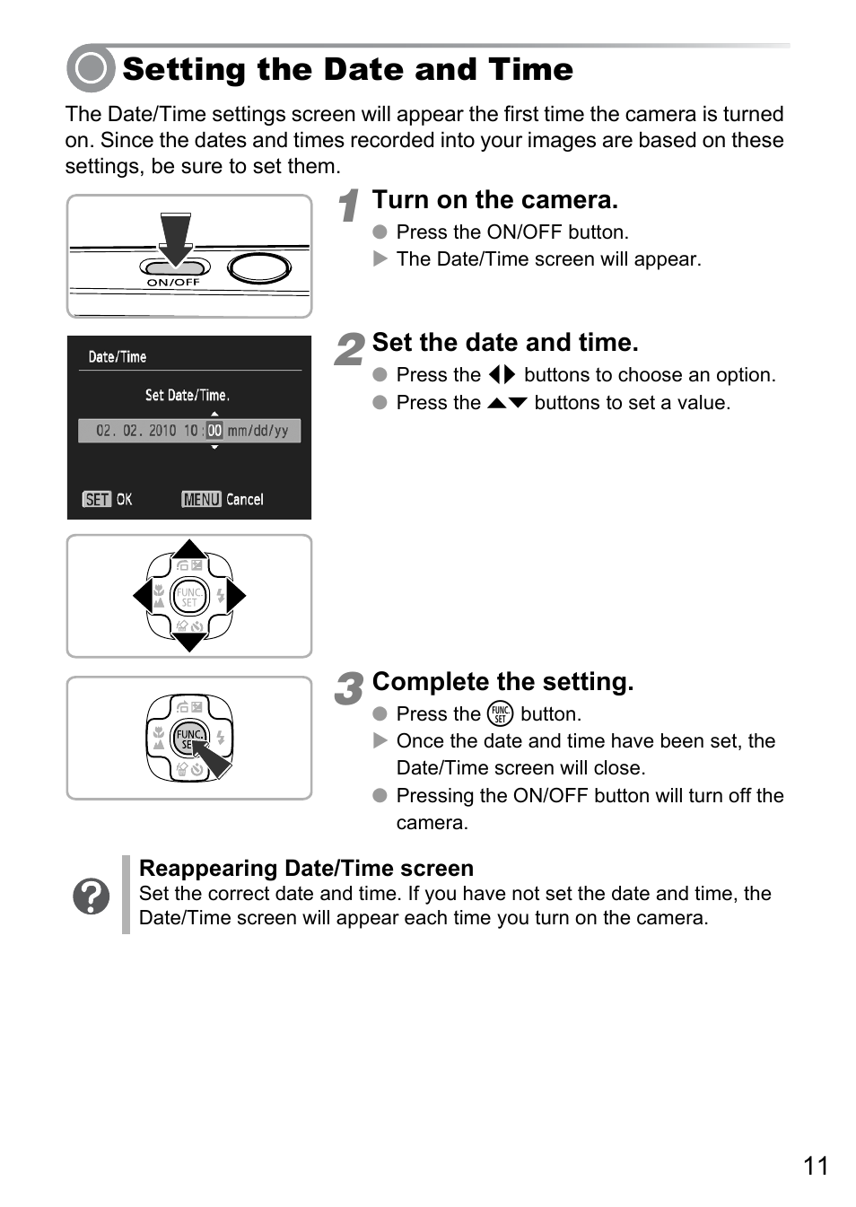 Setting the date and time | Canon A495 User Manual | Page 11 / 36