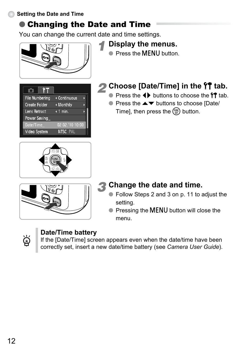 Changing the date and time | Canon A495 User Manual | Page 12 / 36