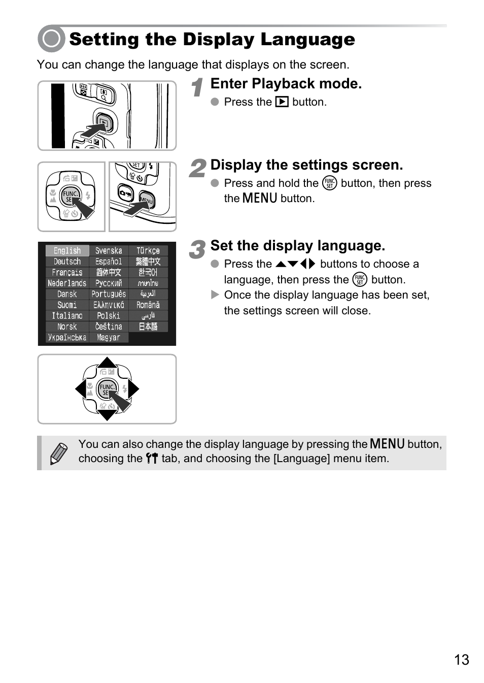 Setting the display language | Canon A495 User Manual | Page 13 / 36