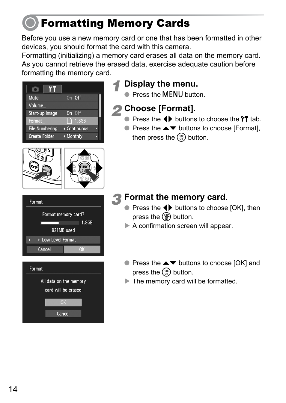 Formatting memory cards | Canon A495 User Manual | Page 14 / 36